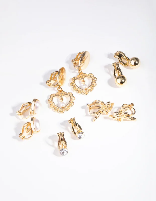 Women’s gold chandelier earrings-Gold Faux Pearl Heart Clip On 5-Pack Earring