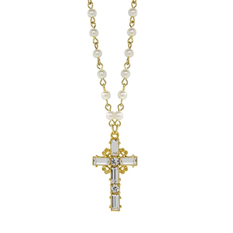 Women’s trendy necklaces-Symbols Of Faith Crystal Cross 4mm Faux Pearl Pendant Necklace 20"