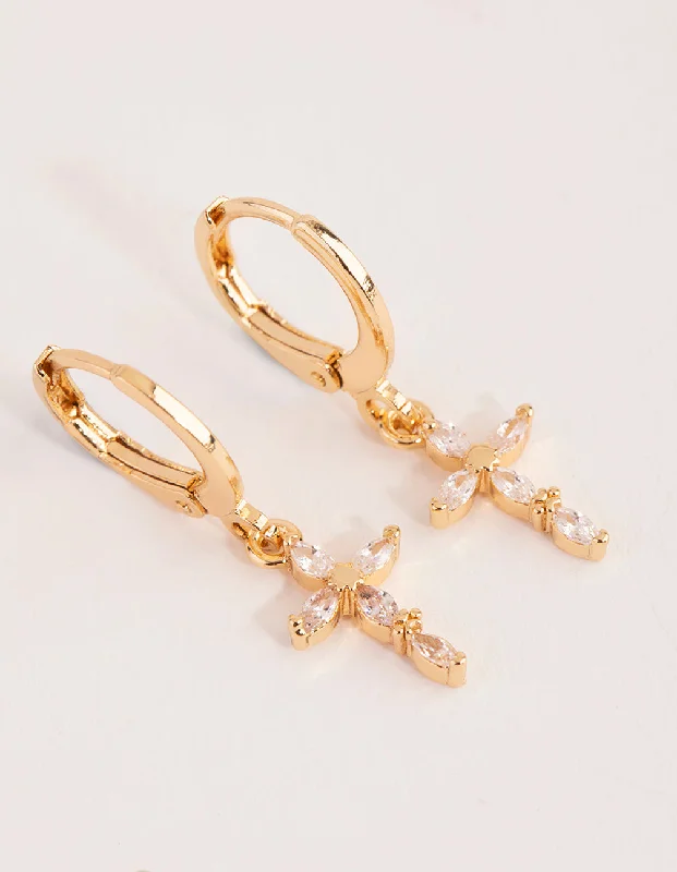 Women’s luxury diamond earrings-Gold Diamante Cross Huggie Earrings