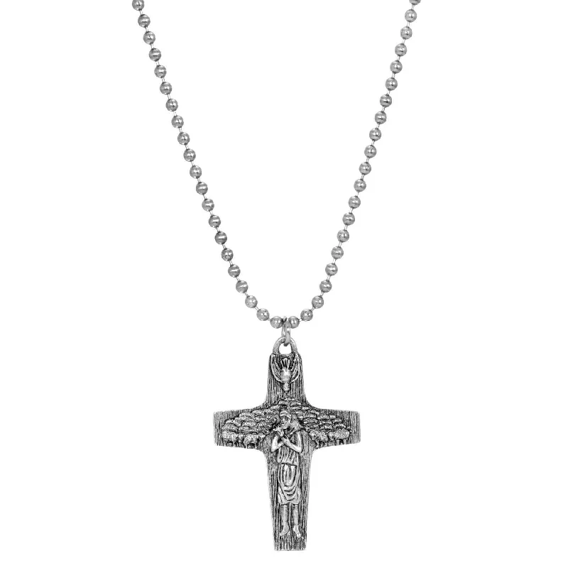 Women’s modern necklaces-Symbols of Faith Shepherd with Flock of Sheep Pewter Cross Pendant Necklace 22"