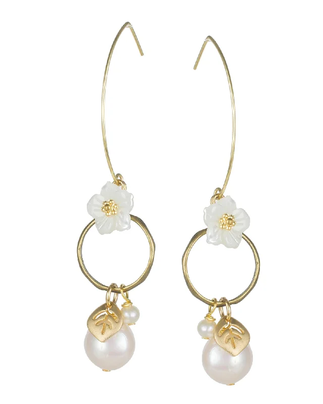 Women’s floral earrings-Pearl and Leaf Drop Earrings