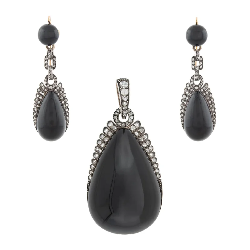 Women’s platinum earrings-Victorian French 18kt/Sterling, Diamond + Onyx Day-to-Night Earrings/Locket Pendant Set