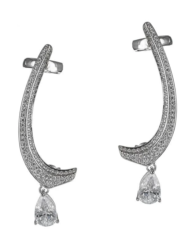 Women’s glamorous earrings-PAVE CURVED CRAWLER W/CZ PEAR DROPS