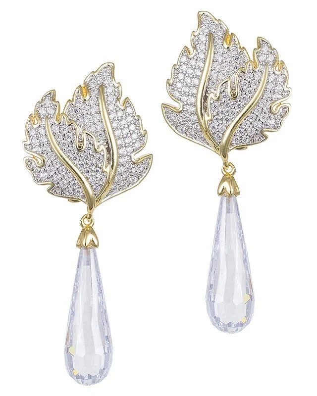 Women’s flower earrings-Pave Leaf Drop Earrings