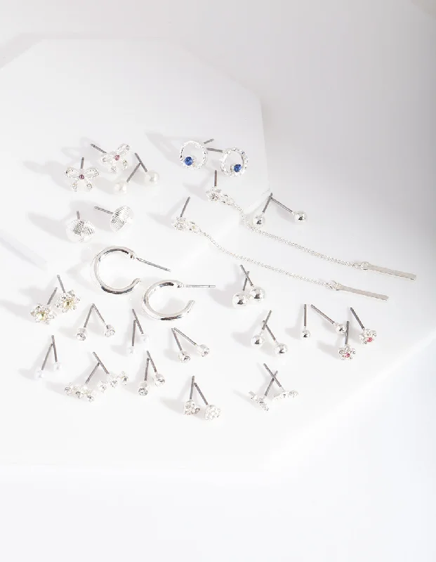 Women’s oversized earrings-Silver Diamante Motif Earring 20 Pack