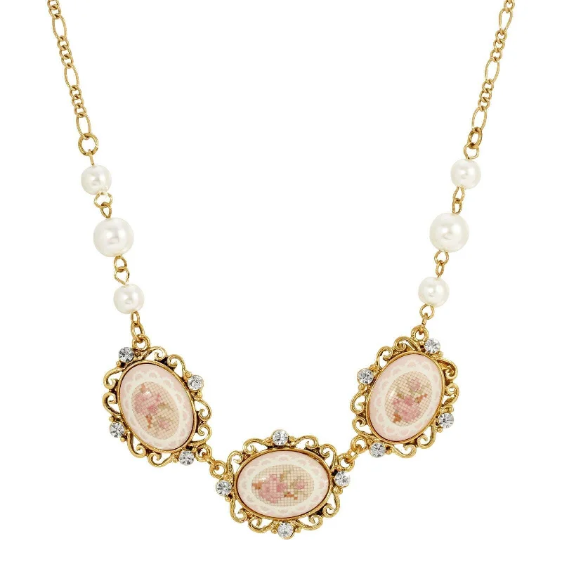 Women’s casual necklaces-1928 Jewelry Stitch Pattern Triple Pink Porcelain Rose Faux Pearl Collar Necklace 16" + 3" Extender