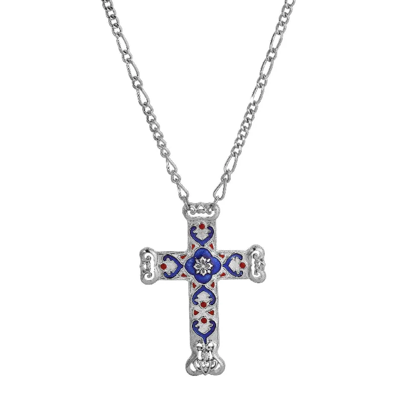 Women’s bar necklaces-Symbols Of Faith Antigua Enamel Cross & Heart Pendant Necklace 28"L