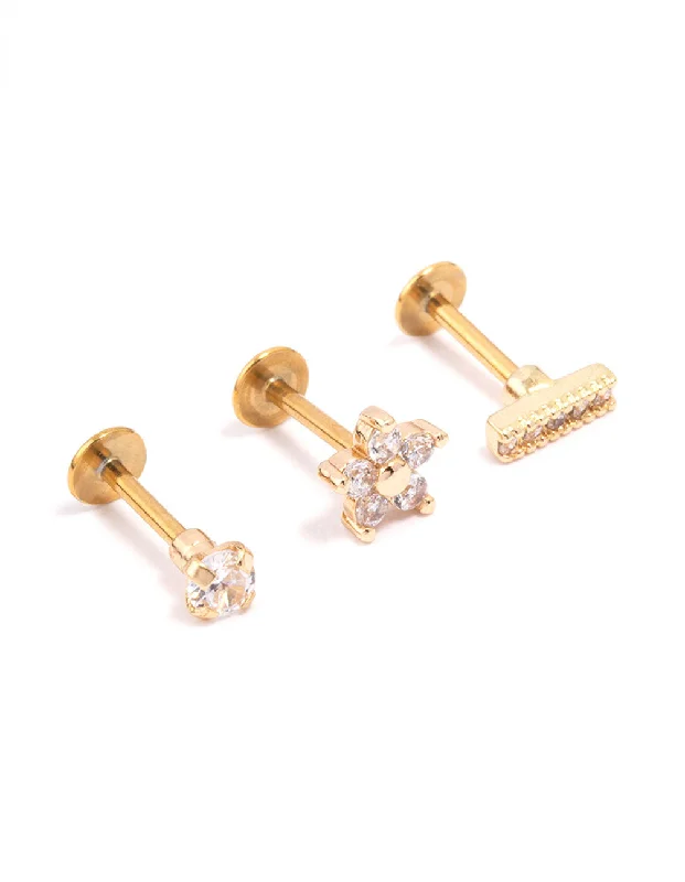 Women’s intricate design earrings-Gold Plated Surgical Steel Cubic Zirconia Floral Flat Back 3-Pack