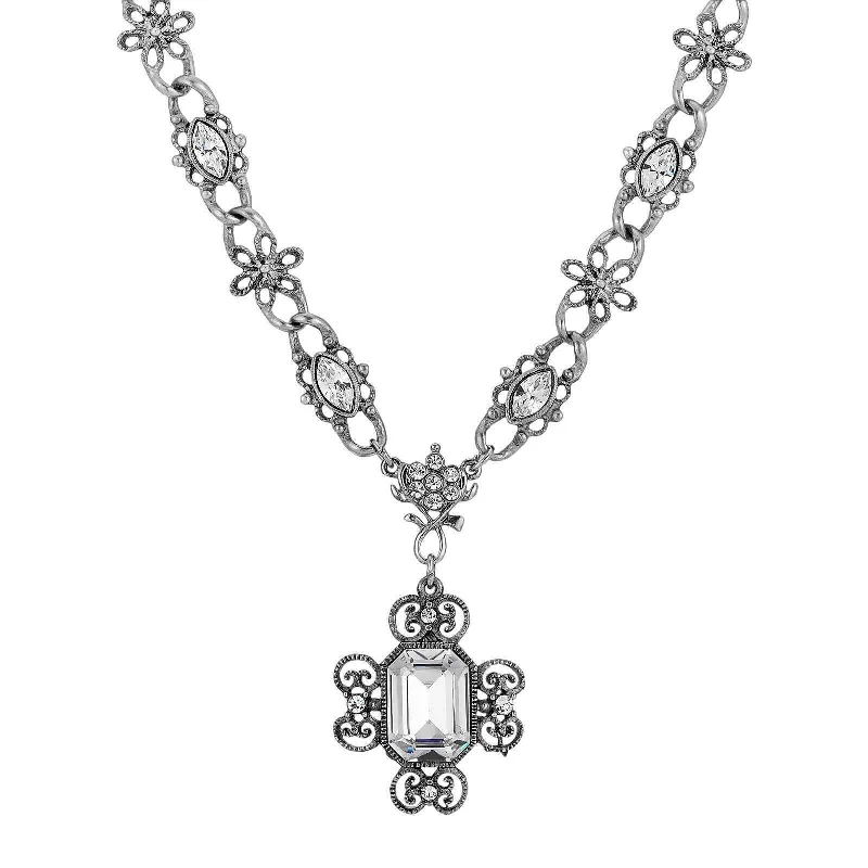 Women’s long necklaces-1928 Jewelry Antiqued Crystal Filigree Pendant Necklace 15" + 3" Extender