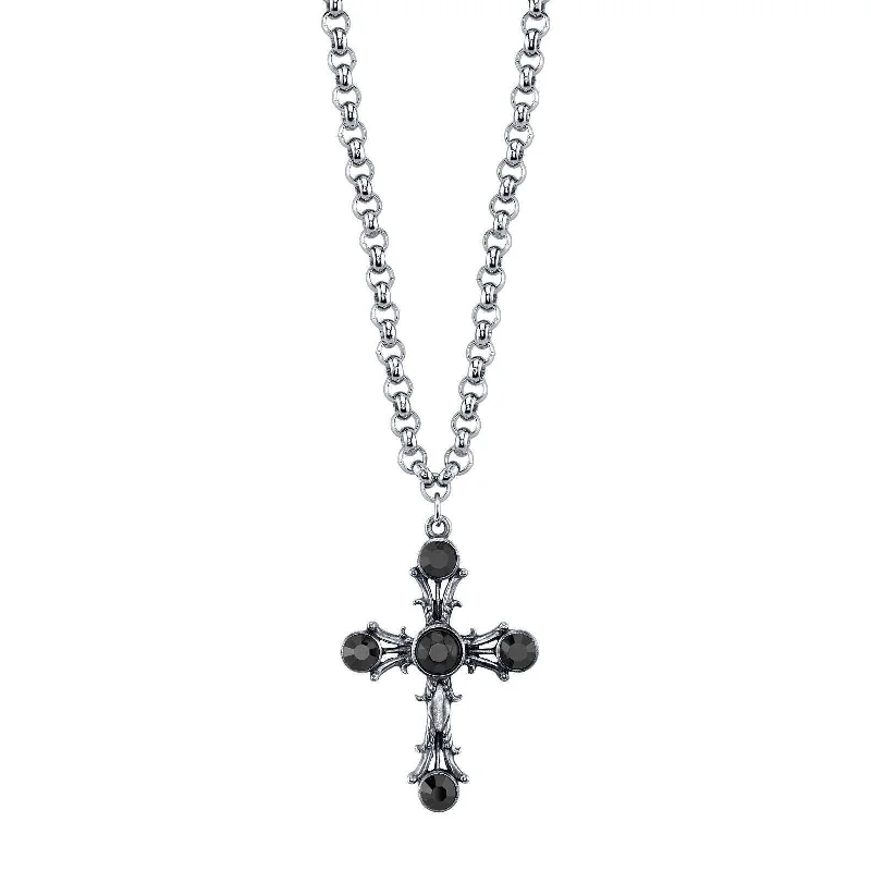 Women’s designer necklaces-1928 Jewelry Black Stone Cross Pendant Necklace 16" + 3" Extender