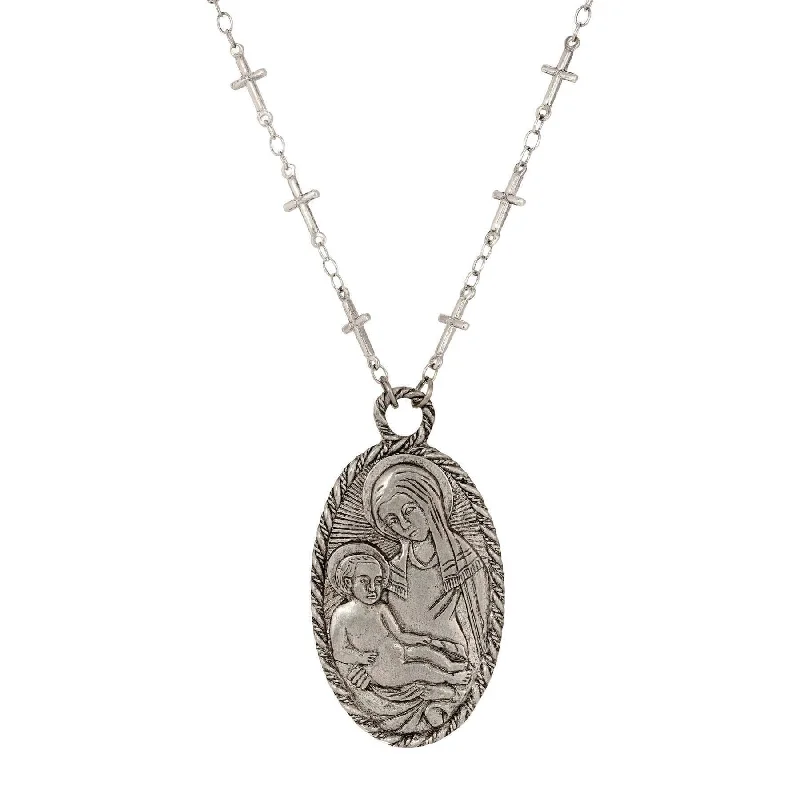 Women’s birthstone necklaces-Symbols Of Faith Antiqued Madonna And Child Oval Pendant Cross Necklace 26"