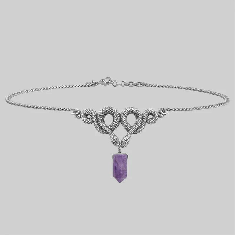 Women’s bar necklaces-A DARK LURE. Snake & Amethyst Gemstone Chain Choker