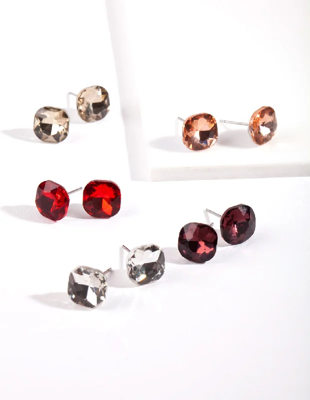 Women’s gold stud earrings-Silver Mini Square Crystal Stud Earring 5 pack