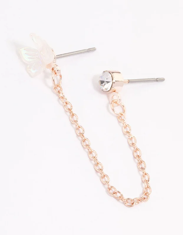 Women’s bridal earrings-Rose Gold Dainty Butterfly Chain Earrings