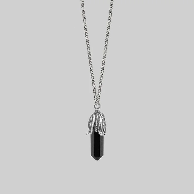 Women’s designer necklaces-DEATH BLOOM. Black Agate Gemstone Necklace - Silver