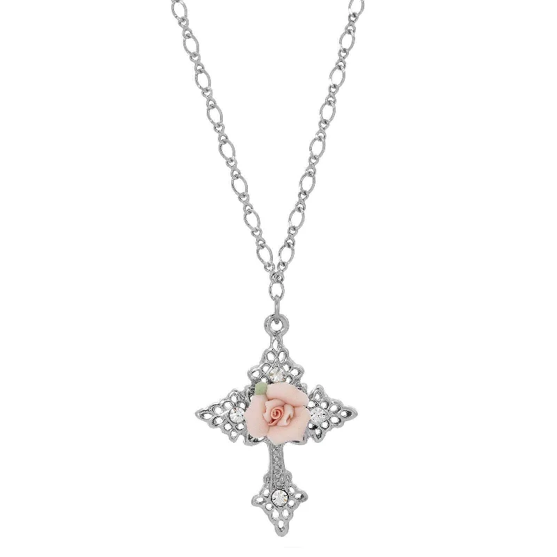 Women’s engraved necklaces-Symbols Of Faith Crystal And Porcelain Rose Cross Pendant Necklace 18"