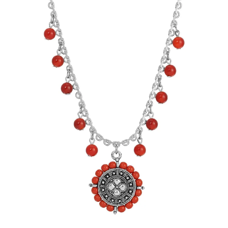 Women’s lockets necklaces-1928 Jewelry Carnelian & Red Jasper Floral Pendant Necklace 15" + 3" Extender