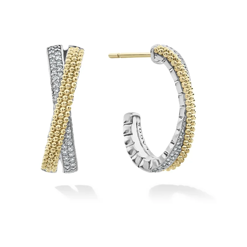 Women’s chandelier earrings-Caviar Lux Two-Tone Caviar X Diamond Hoop Earrings