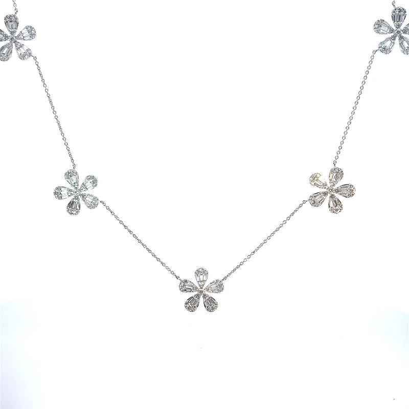 Women’s bar necklaces-Medium Baguette & Round Diamond 5 Flower Station Necklace