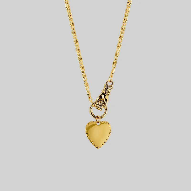 Women’s pendant necklaces-HAND OF GLORY. Grasping Heart Necklace - Gold