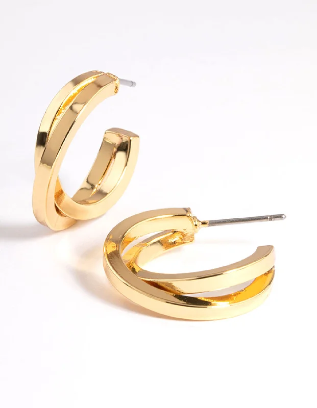 Women’s cubic zirconia earrings-Gold Plated Square Crossover Double Hoop Earrings