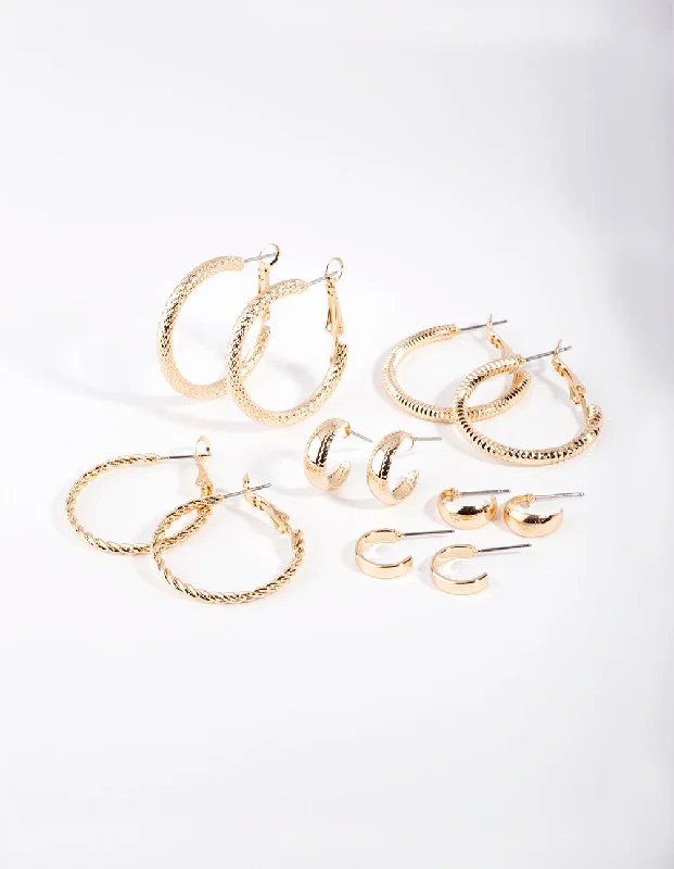 Women’s pearl earrings-Gold Multi Textured Hoop Earring 6-Pack