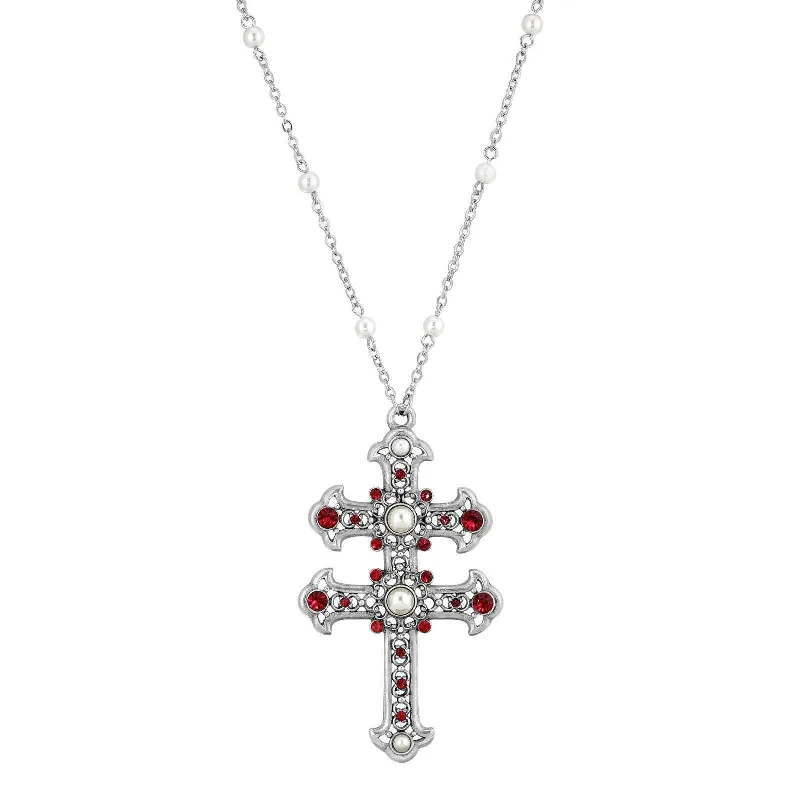 Women’s layered gold necklaces-Symbols Of Faith Crystal and Faux Pearl Double Cross 30 Pendant Necklace