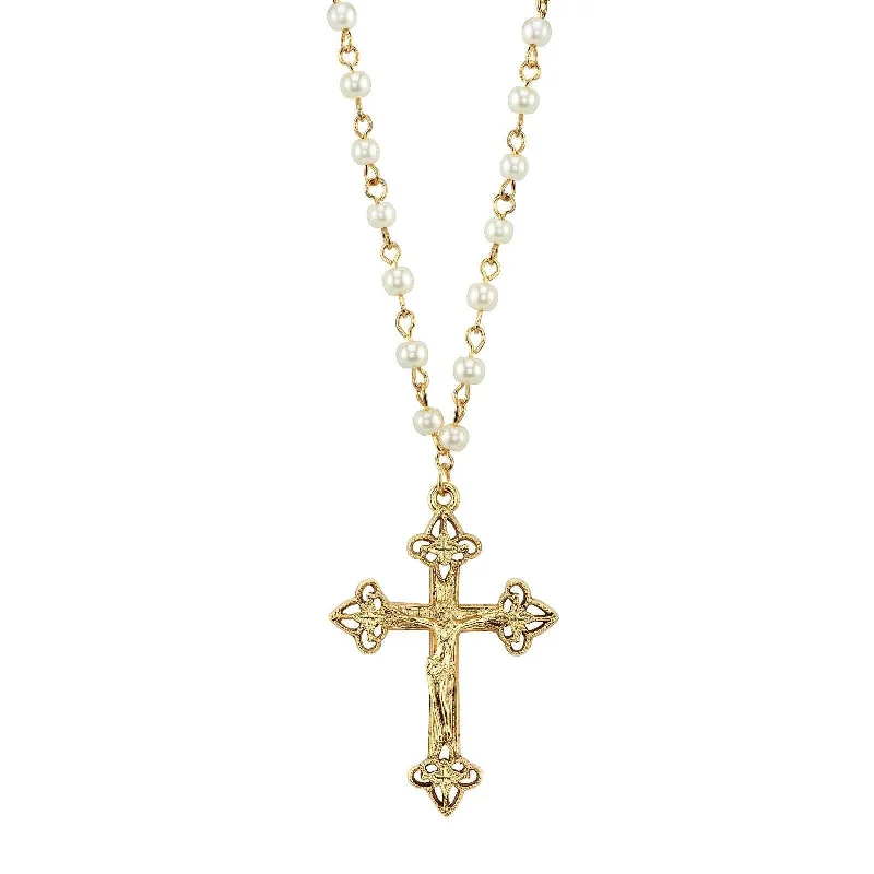 Women’s gemstone pendant necklaces-1928 Jewelry 4mm Faux Pearl Chain Gold Crucifix Cross Pendant Necklace 16" + 3" Extender