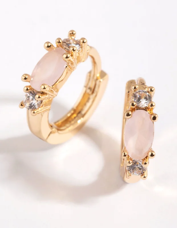 Women’s screw-back earrings-Rose Quartz & Diamante Huggie Hoop Earrings