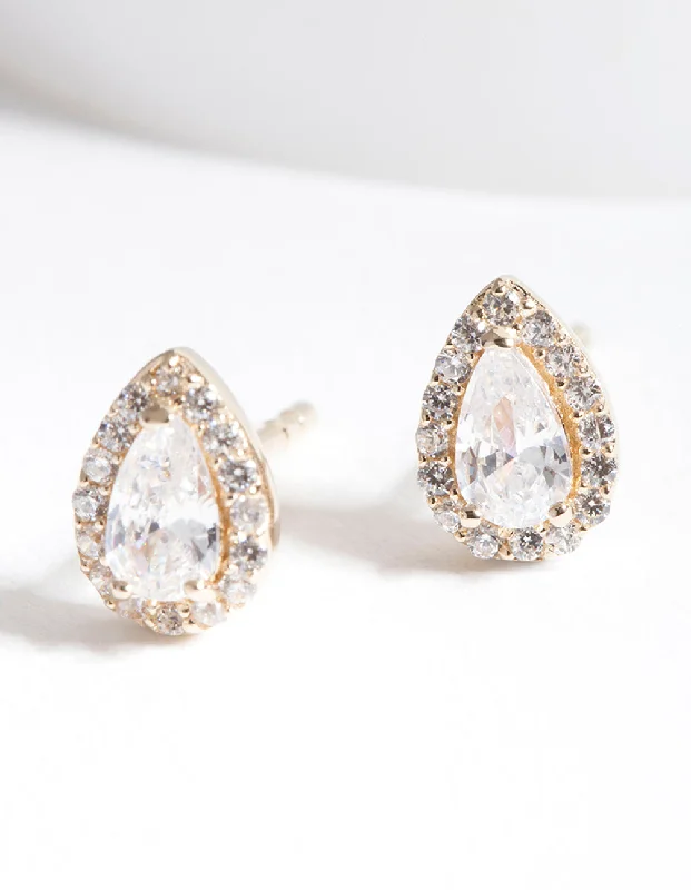 Women’s silver hoop earrings-Gold Plated Sterling Silver Cubic Zirconia Pear Halo Stud Earrings