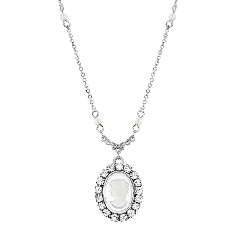 Women’s pearl and diamond necklaces-1928 Jewelry Elenor Oval Intaglio Crystal White Faux Pearl Pendant Necklace 16" + 3" Extender