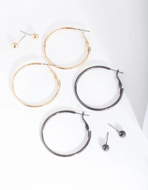 Women’s silver drop earrings-Mixed Metal Stud Hoop Earring 4-Pack