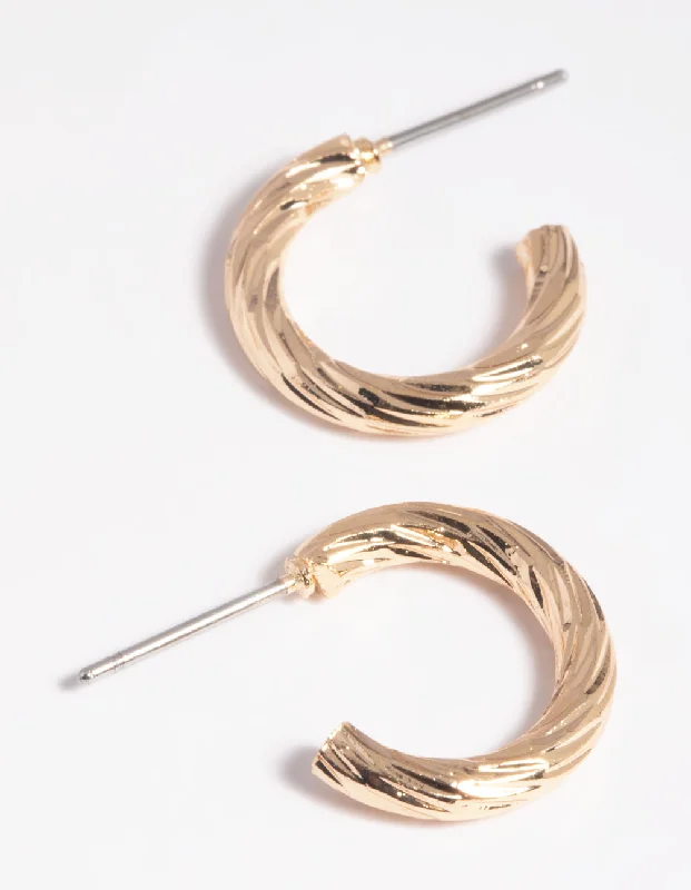 Women’s stud earrings-Gold Twisted Huggie Hoop Earrings