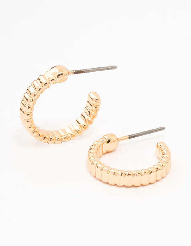 Women’s cubic zirconia earrings-Gold Rippled Huggie Earrings