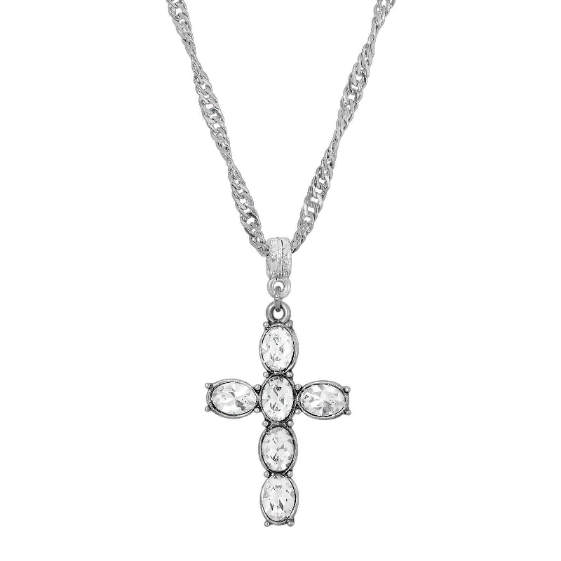 Women’s custom-made necklaces-Symbols Of Faith Pewter Crystal Cross Twisted Pendant Necklace 20"