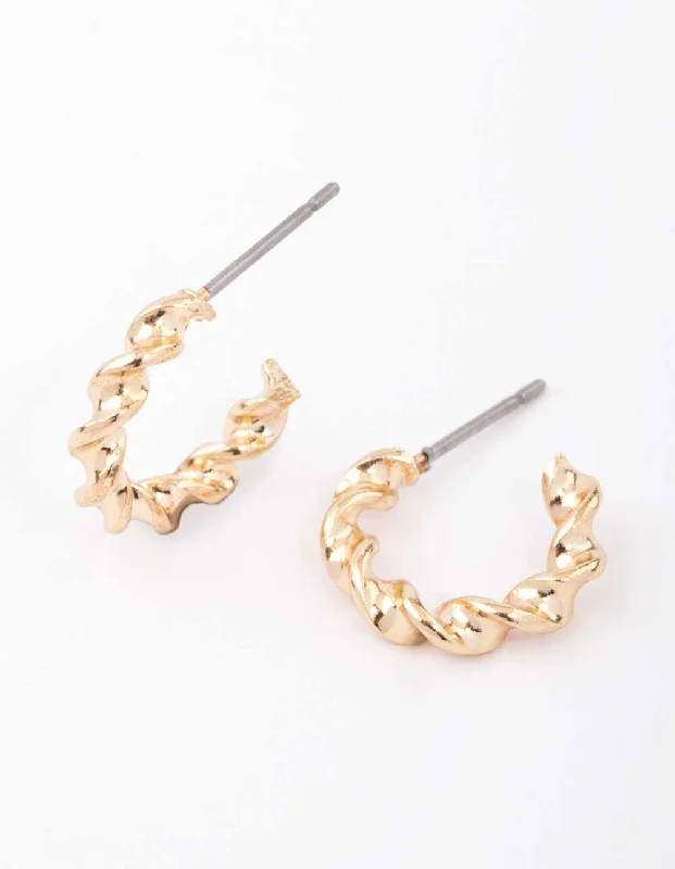 Women’s chunky hoop earrings-Gold Rope Twisted Huggie Earrings