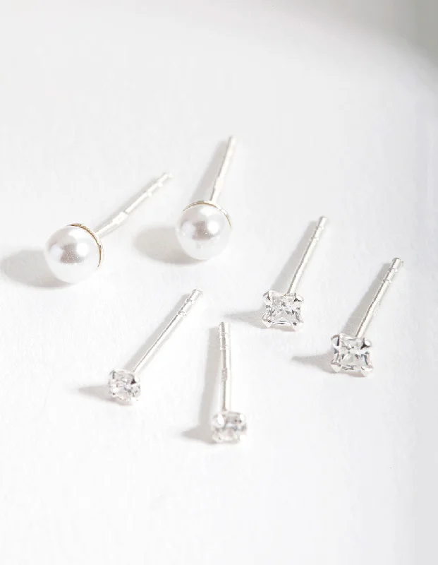 Women’s fashion-forward earrings-Sterling Silver Cubic Zirconia Pearl Stud Earring Pack