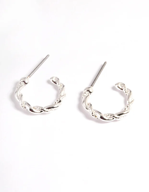 Women’s platinum earrings-Silver Rope Twist Huggie Earrings