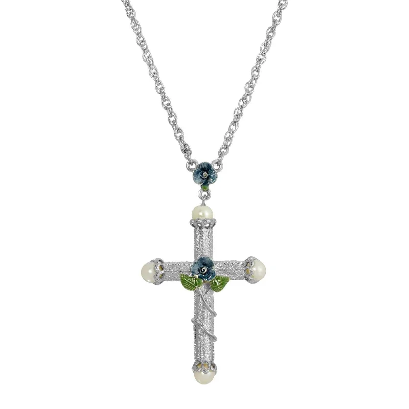 Women’s evening wear necklaces-Symbols Of Faith Blue Rose Enamel Cross Faux Pearl Pendant Necklace 30"