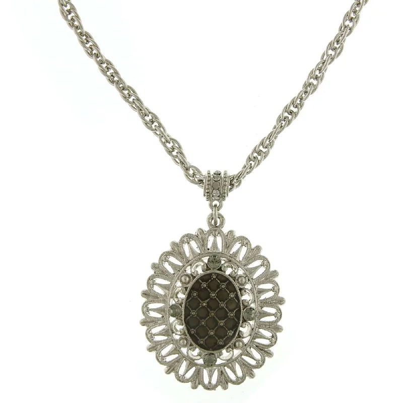 Women’s heart-shaped necklaces-1928 Jewelry Round Black Diamond Crystal Oval Pendant Necklace 18"