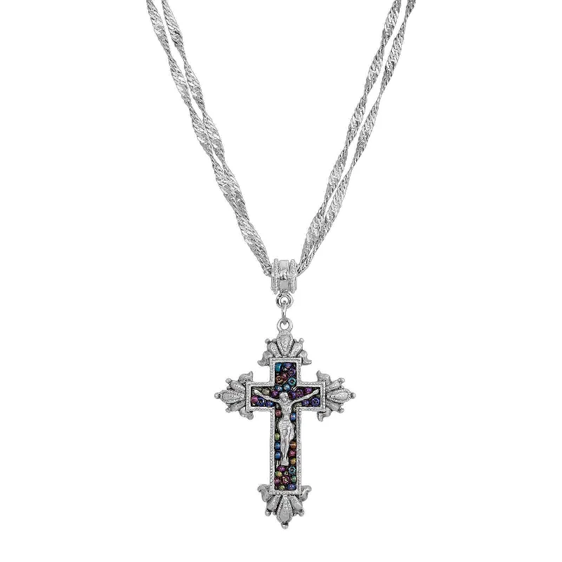 Women’s double chain necklaces-Symbols Of Faith Glass Purple Seeded Bead Cross Pendant Necklace 16" + 3" Extender