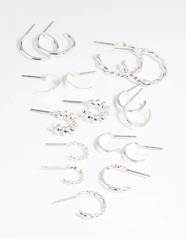 Women’s casual earrings-Silver Twisted Hoop Earring 8-Pack