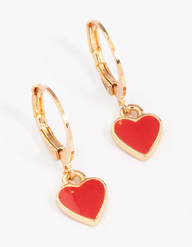 Women’s artisan earrings-Gold & Red Heart Huggie Hoop Earrings