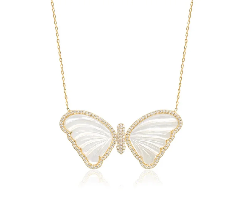 Women’s wedding necklaces-Large Mother of Pearl Butterfly Necklace