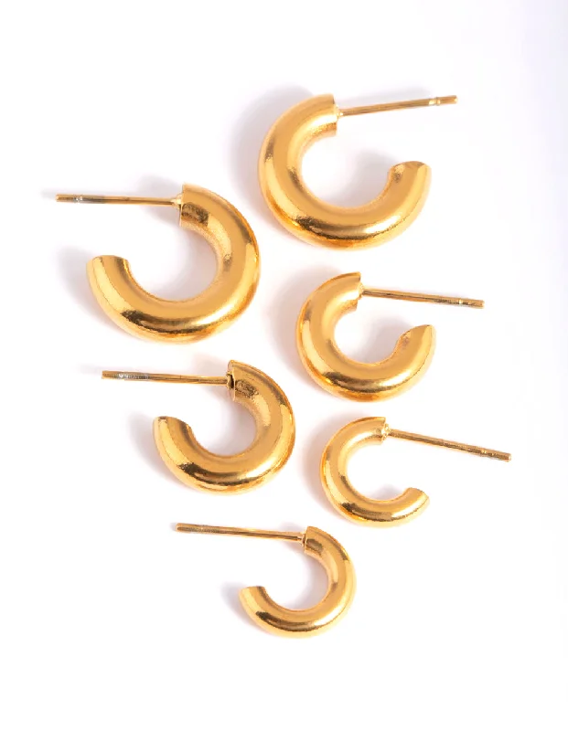 Women’s modern earrings-Waterproof Gold Plated Stainless Steel Mixed Hoop Earring Pack