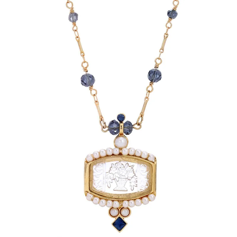 Women’s oversized necklaces-1928 Jewelry Montana Blue Bead Etched Flower Bouquet Glass Intaglio Pendant Necklace 16" + 3" Extender