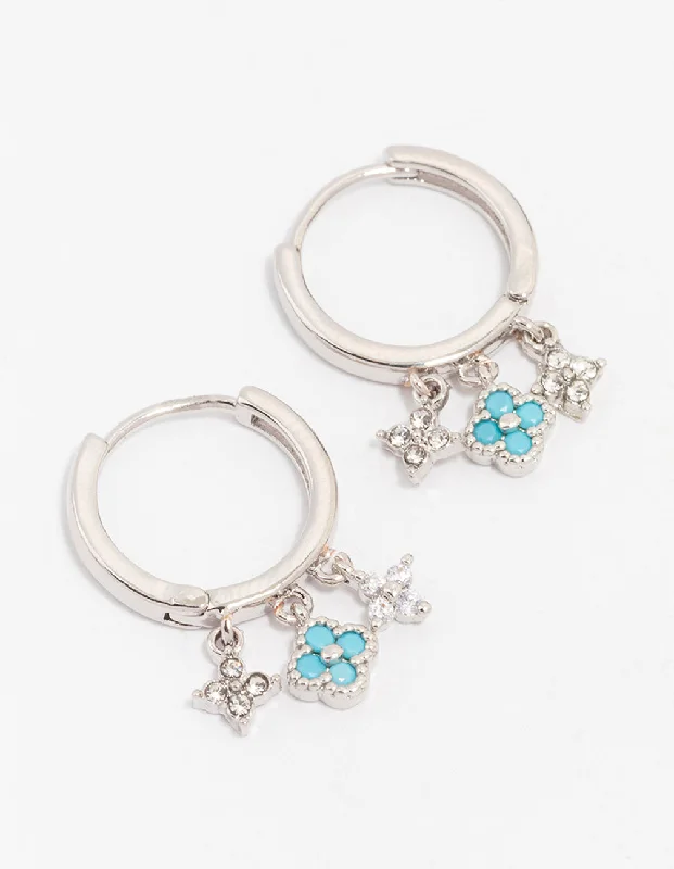 Women’s boho earrings-Silver Fine Triple Row Flower Huggie Hoop Earrings