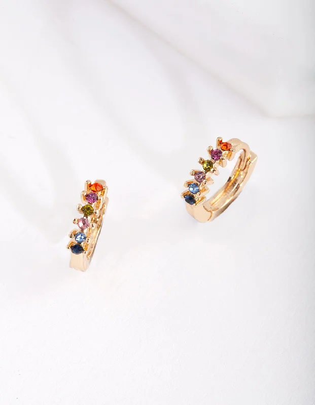 Women’s chunky hoop earrings-Gold Rainbow Diamante Huggie Earrings