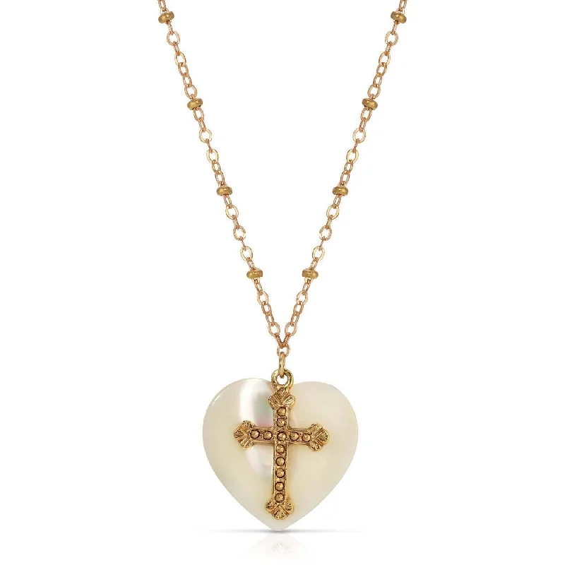 Women’s Victorian necklaces-Symbols Of Faith Mother Of Pearl Heart & Cross Pendant Necklace 16" + 3" Extender