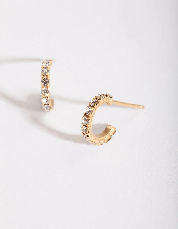 Women’s platinum earrings-Gold Plated Sterling Silver Mini Cubic Zirconia Open Hoop Earrings